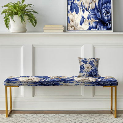 Banc tapissier à motif floral victorien bleu cobalt VI
