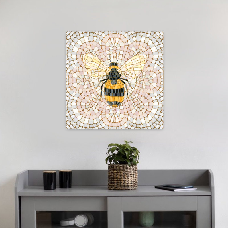 Art contemporain mosaïque botanique II avec abeilles, H 18 po x l 18 po