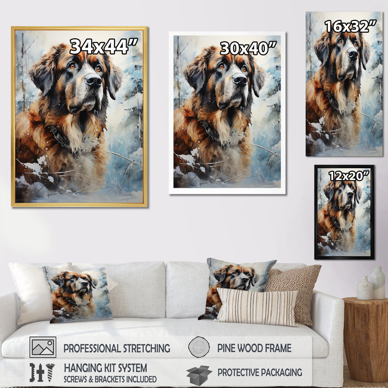 Saint Bernard Serenity IV sur toile, Cadre simple argenté, H 20 po x l 12 po x P 1 po