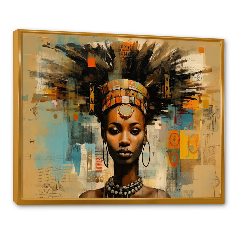 Tribal déesse portrait africain contemporain, H 16 po x l 32 po x P 1 po, Cadre flottant doré