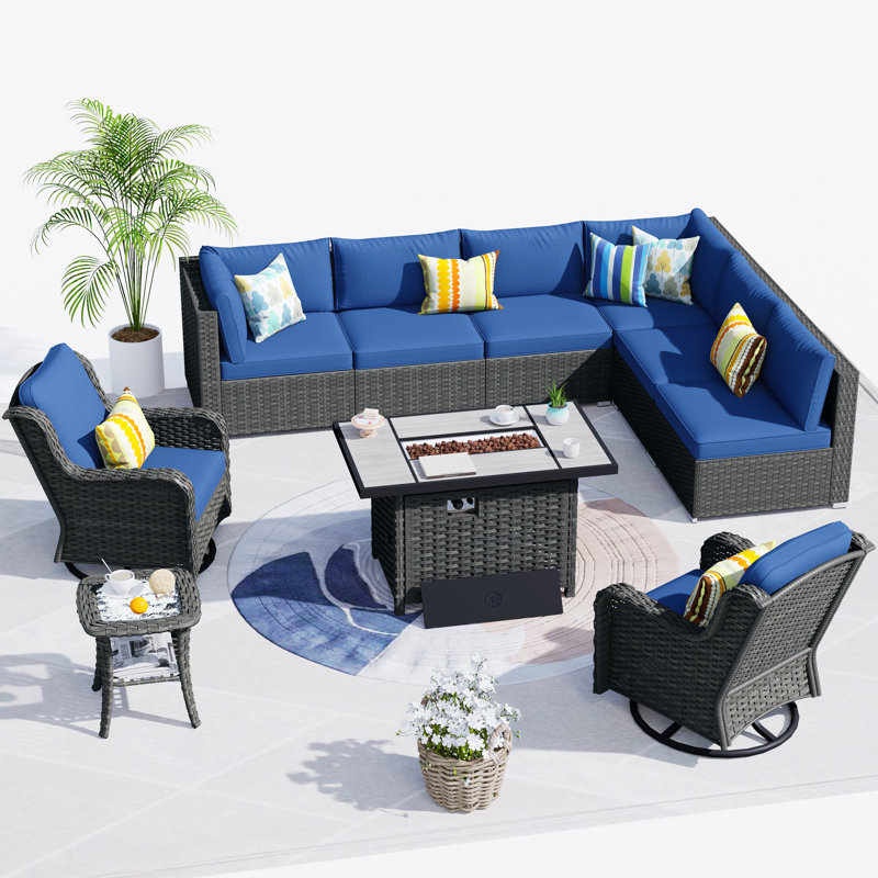 Ralfs 8 - Person Modular Patio Conversation Set with Cushions, Navy Blue
