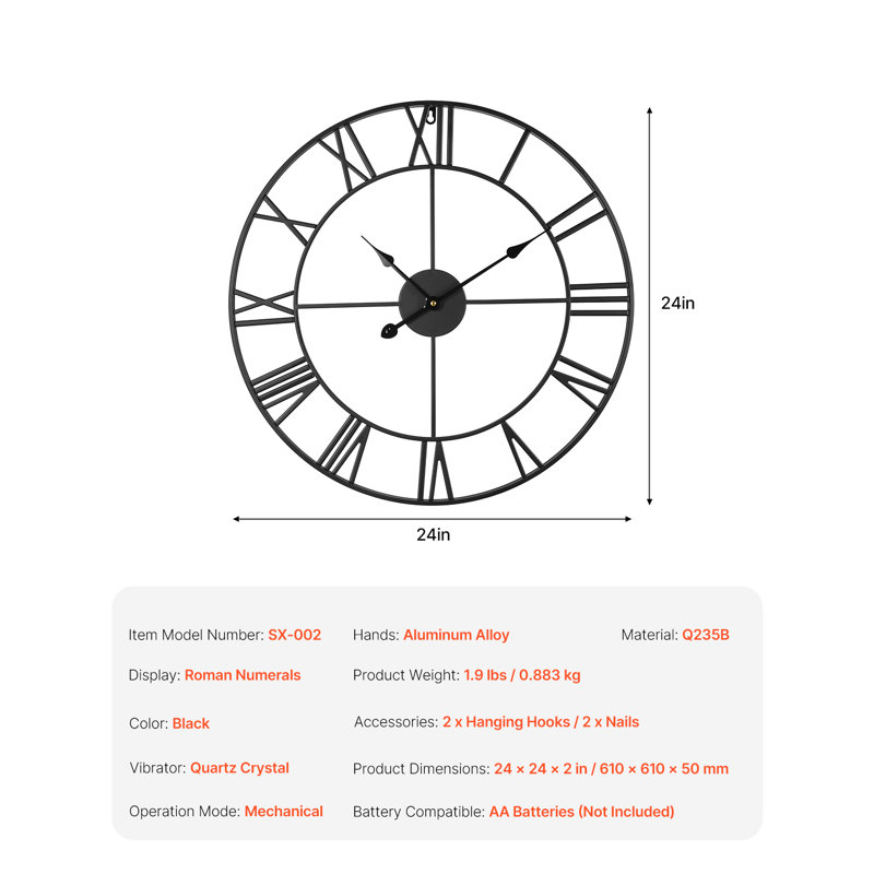 Horloge murale, 61 cm (24 pouces), chiffres romains, silencieuse, à piles, style classique, ronde, noire.