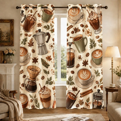 2Pcs Coffee Lover Pattern Sun Blocking Curtains, Vintage Shop Themed Art Print Ring Top, Decorative Insulating for Living Room Bedroom Cafe for Home Dector