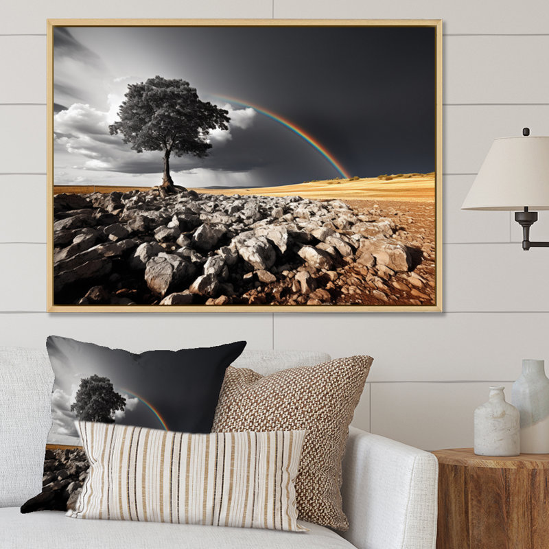 «Rainbow Colorful Contrast Grey Tree Landscape I», reproduction sur toile, H 24 po x l 32 po x P 1 po, Cadre naturel flottant