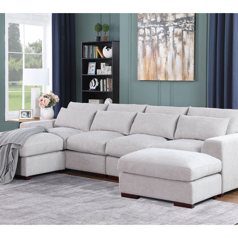 Canapé modulaire en lin avec 2 repose-pieds