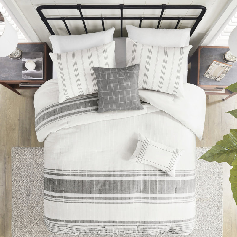 Literie en coton grand - gris / blanc, rayures verticales, couvre-matelas 6 pièces Steam
