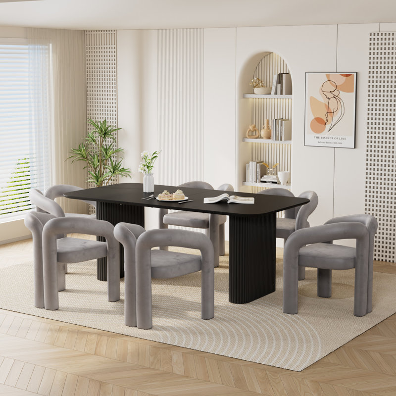 Double Pedestal Dining Set with Chairs, 7, Gray