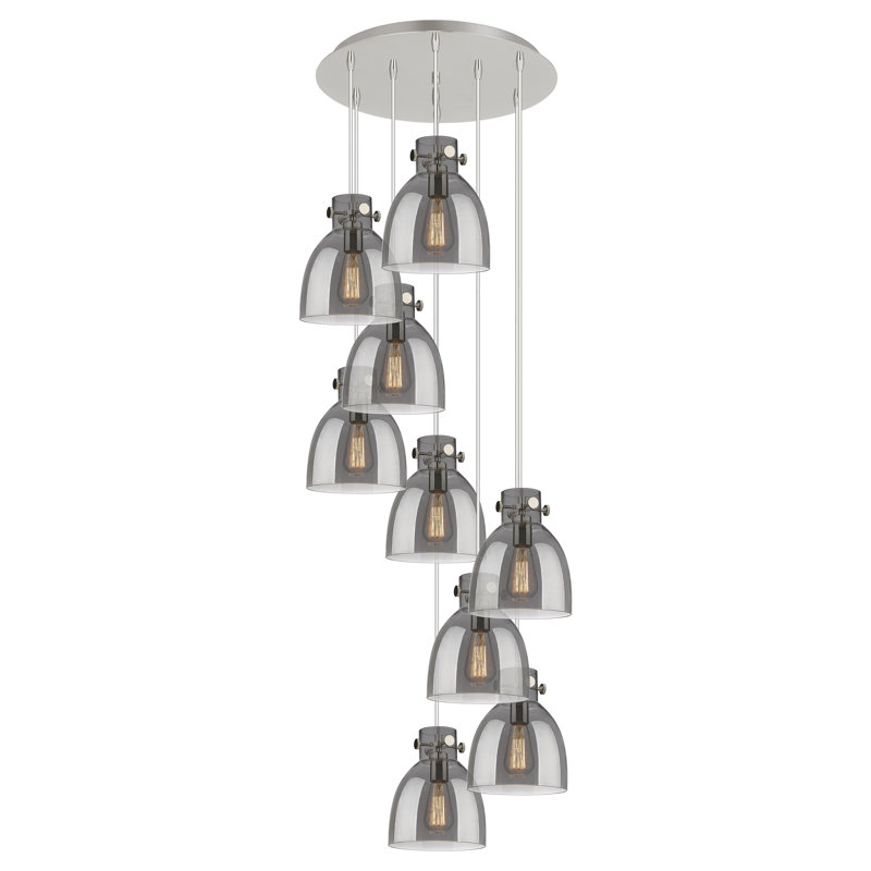Luminaire suspendu grappe 9 lumières Amrith, Gris fumée clair, Nickel poli