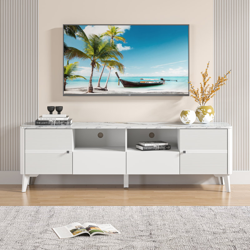 Ikesha Modern TV Stand with Faux Marble Top, 70" Media Console Storage Entertainment Center, White