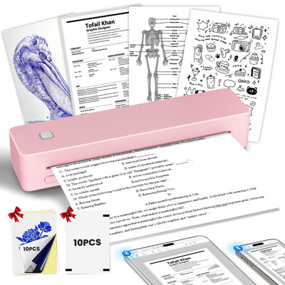 Imprimante thermique portative sans encre - format A4, documents imprimés, étiquettes, tatouages, largeur d'impression réglable, connectivité sans fil, charge USB, idéale pour les voyages et le bureau, compatible avec Ios et Android, ordinateurs portables, cadeau parfait pour les tatoueurs
