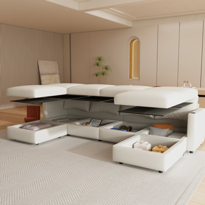 Spacieux modulaire en forme de U avec rangement, rangement en chenille moderne 6 places de 123 po pour le salon