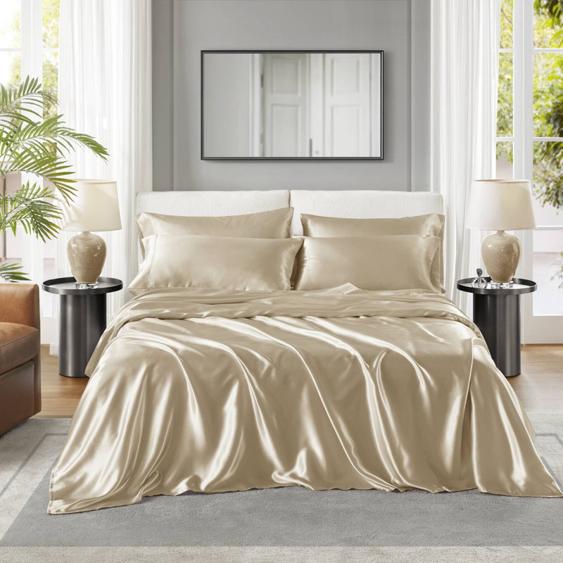 Ensemble de draps en satin de luxe, Champagne, Ensemble literie pour lit simple