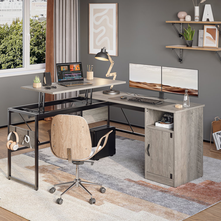 Khairi 60'' L-Shaped Lift Top Desk with Storage Cabinet, Executive Desk with Open Compartments and Adjustable shelfs
