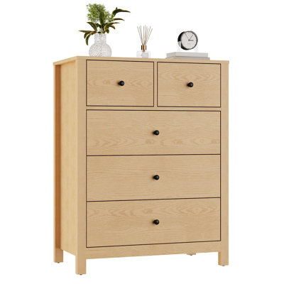 Spacious Storage Solution 5 Drawer Dresser - Modern Tall Chest for Bedroom, Deep Wooden Drawers, Metal Knobs, Sturdy Legs, Multi-Room Use - Almond Yel