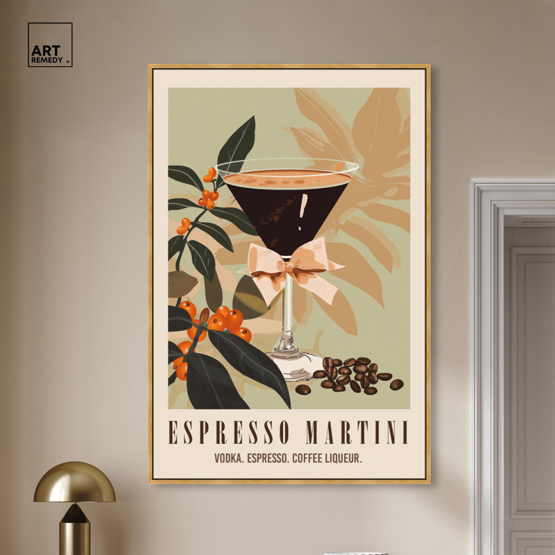 «Classy Espresso Martini Post», reproduction sur toile tendance par Art Remedy, H 55 po x l 37 po, Cadre flottant doré