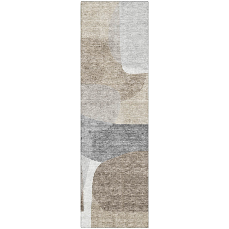 Premium Machine Washable Mayfield AMF2121 Blocks Rug, 2'3" x 7'6" Runner, Taupe