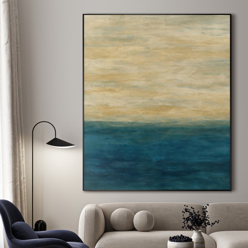Très grande impression d'art abstrait bleu Horizon - beige neutre et tons océaniques, œuvre d'art moderne pour le salon ou la chambre à coucher, assemblage requis