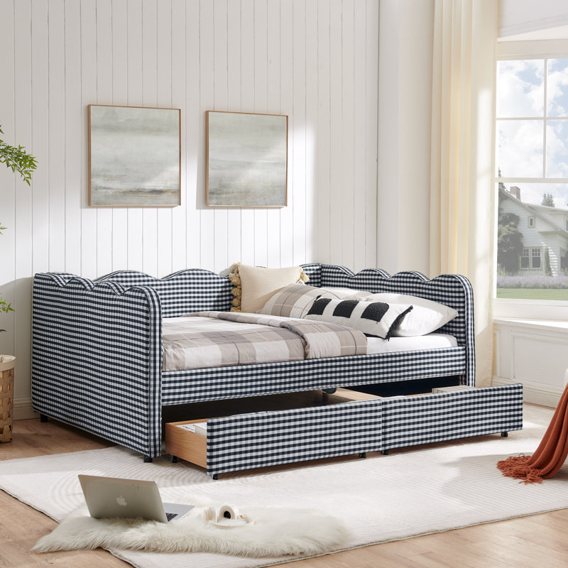 Lit de jour en vichy double avec deux tiroirs de rangement, port USB et adorable tissu en forme de vague, Lit double, Marine