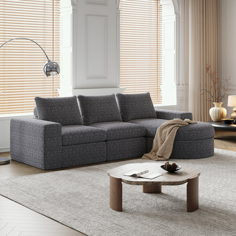 Canapé modulaire en L en chenille avec méridienne et coussin moelleux, Gris chenille