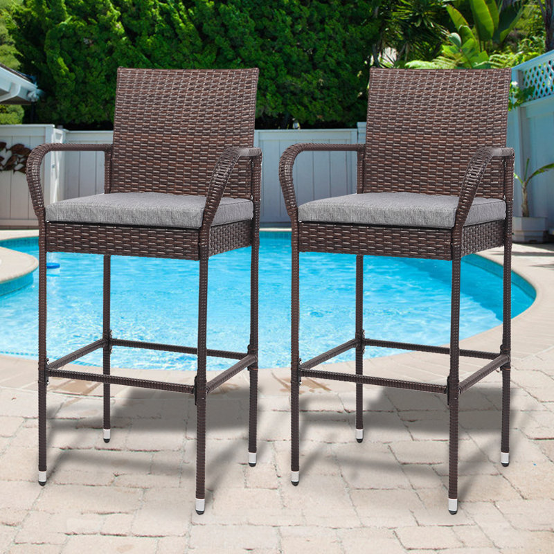 Tabouret brun en rotin avec coussin gris (ensemble de 2)