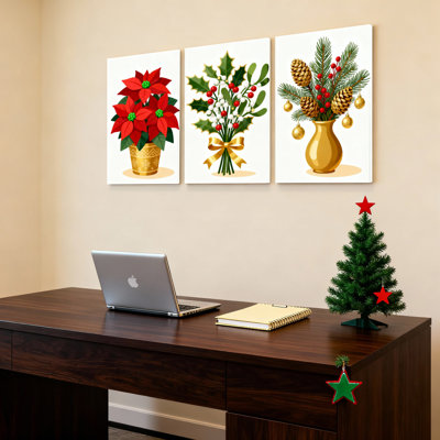 «Christmas Poinsettia, Holly & Pinecone Bouquet Art», reproduction de peinture à l'huile (ensemble de 3)