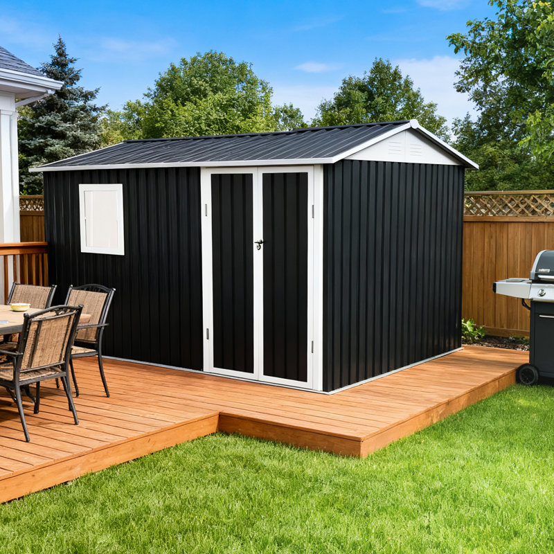 Remise de rangement pour patio en métal 9 * 6 pi, acier galvanisé de couleur, solide et, assez d'espace pour l'équipement de jardin, éclairage de fenêtre de 9,5 x 6,7 pi pour la cour, stable, vélos généreux, translucide