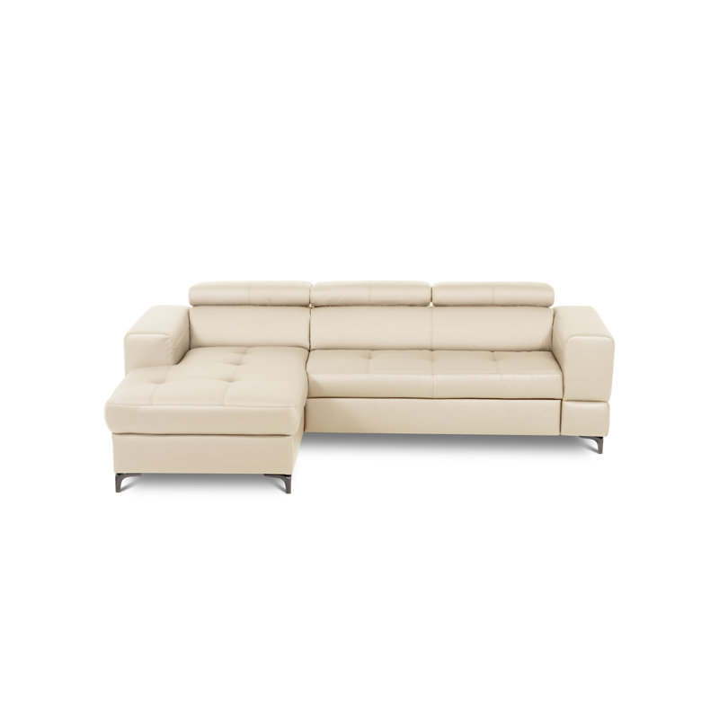 Tinos Genuine Leather Corner Sofa with Pull Out Bed with Storage and Adjustable Headrests, Left Hand Facing, Beige