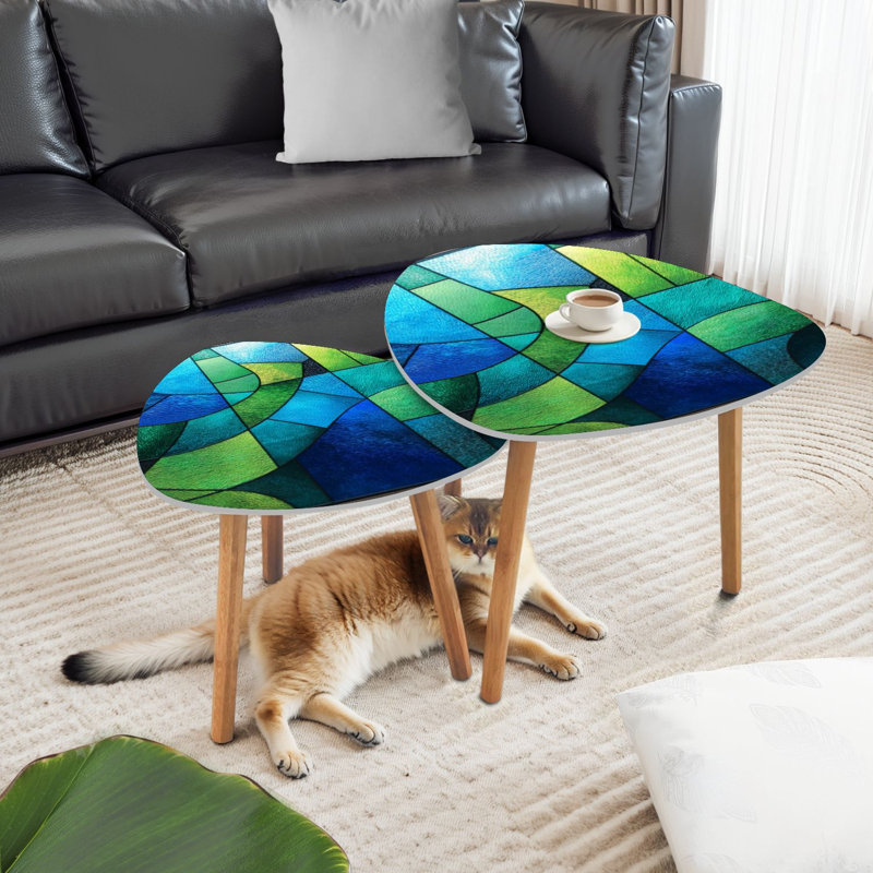 Ensemble de 2 tables basses gigognes abstraites en verre coloré bleu vert et vert