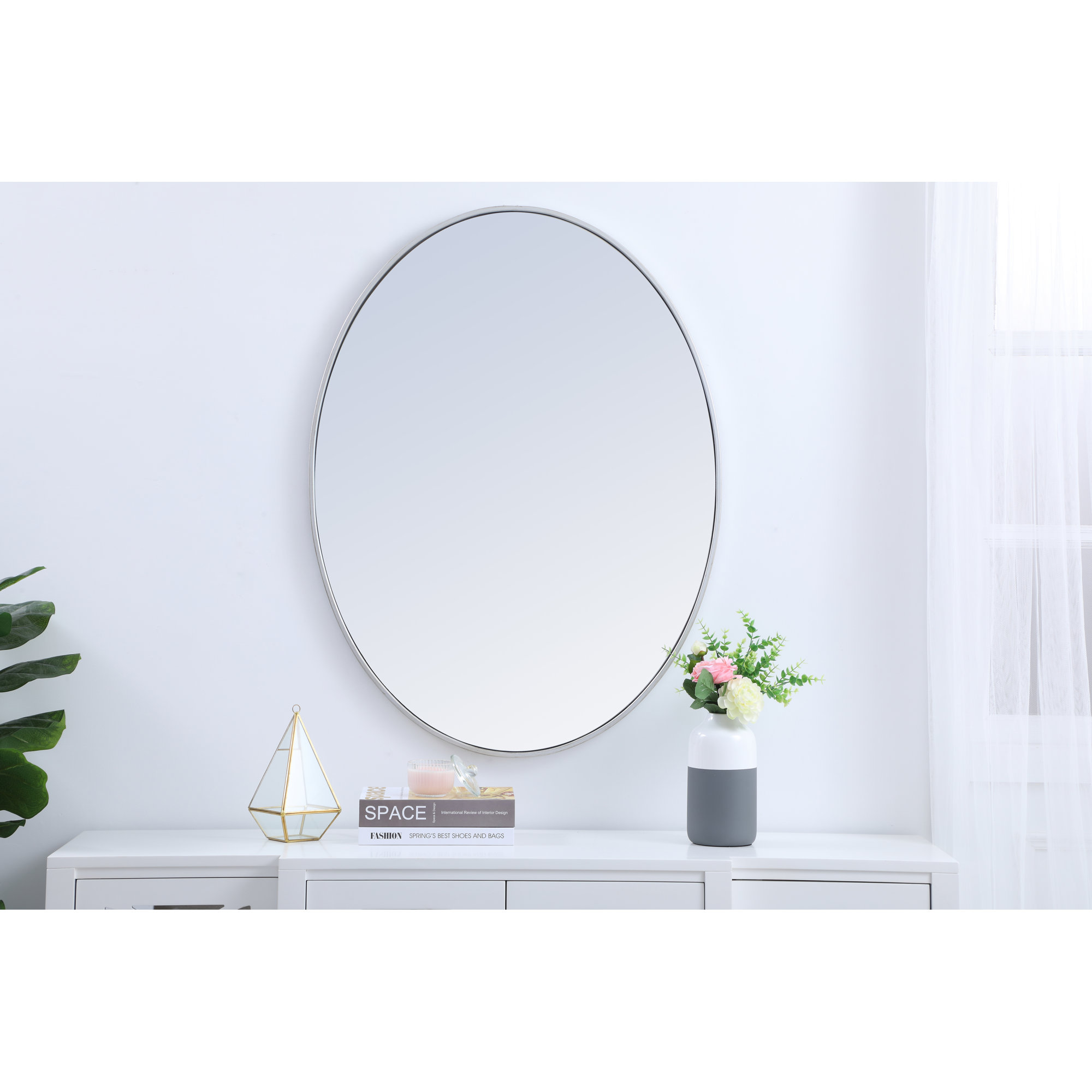 Sabine Metal Oval Wall Mirror, Silver, 30" H x 40" W
