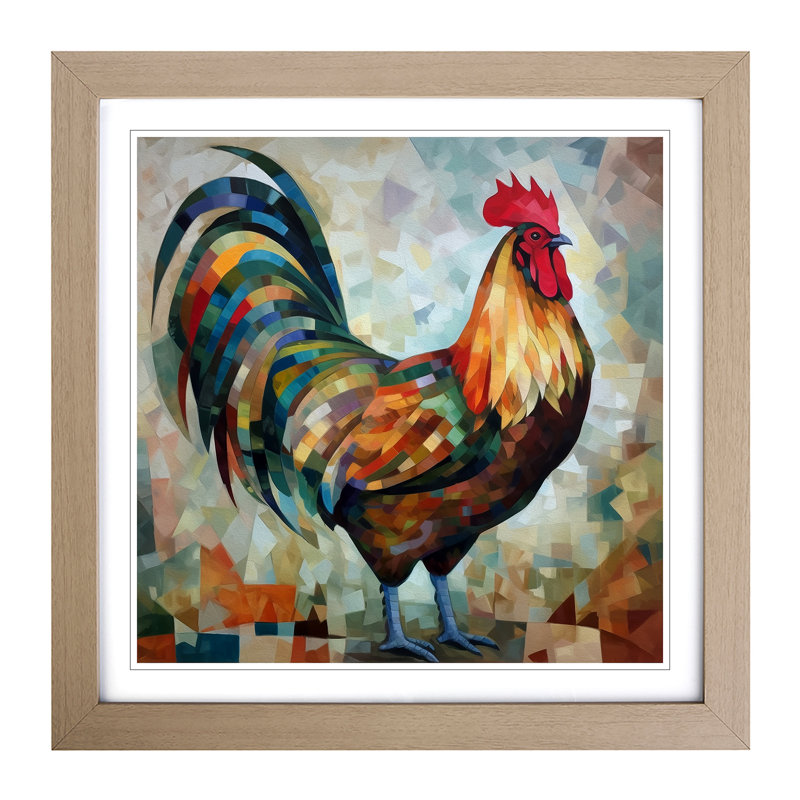 Rooster Cubism No.2 - Single Picture Frame Print on Wood, Oak