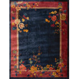 Antique Navy Blue Field Color Floral Art Deco Chinese Allover Rug