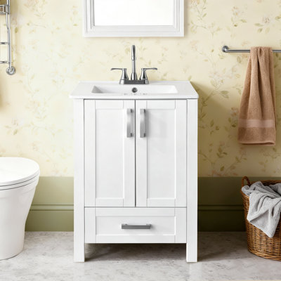 Meuble-lavabo simple autoportant de style Shaker transitionnel blanc de 61 cm (24 po) avec lavabo en céramique intégré