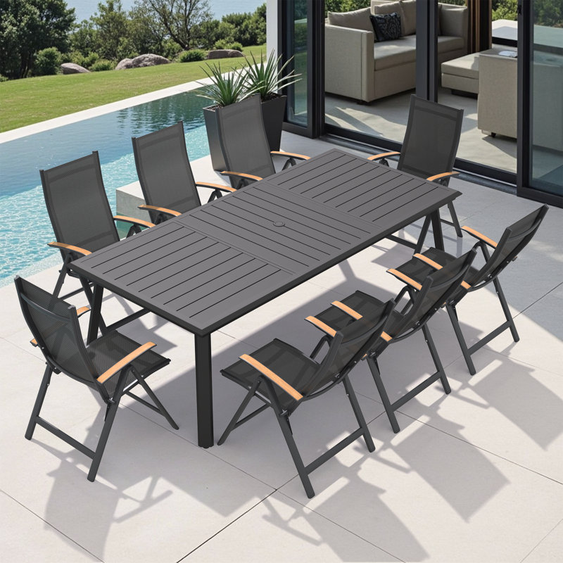 Ensemble repas pour 8 personnes en aluminium avec trou pour parasol et fauteuils inclinables pliés