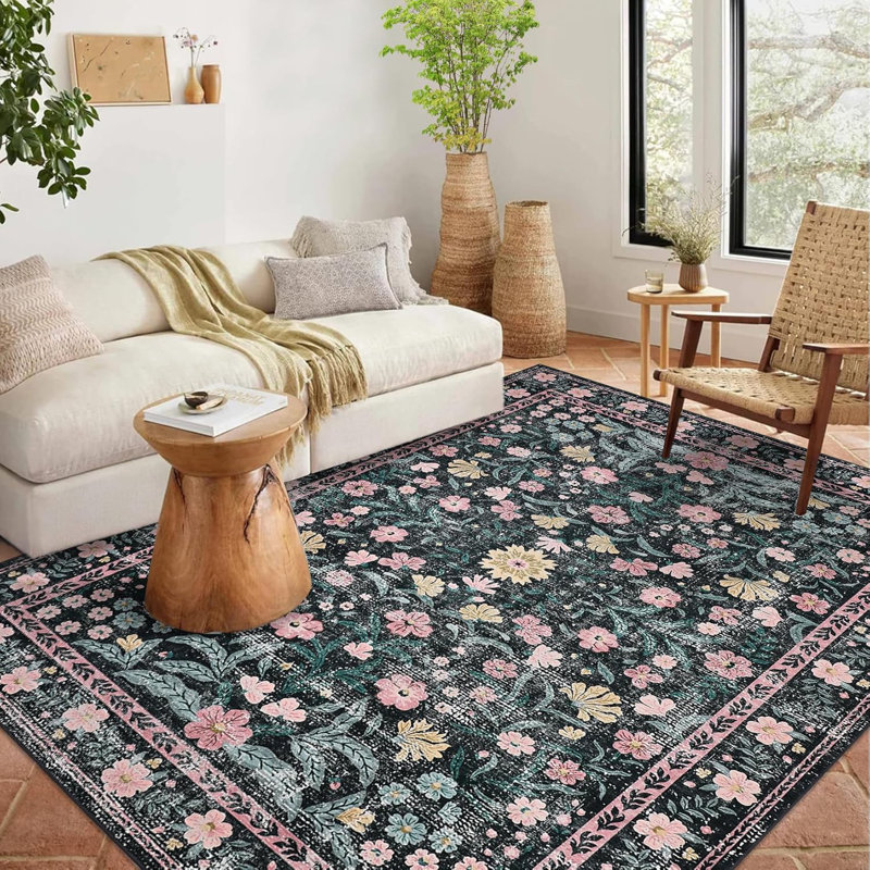 Floral Low Pile Runner Rug – Machine Washable, Non-Slip, Lightweight Hallway, Kitchen & Bedroom Carpet, Vintage Distressed Area Rug for Home Decor