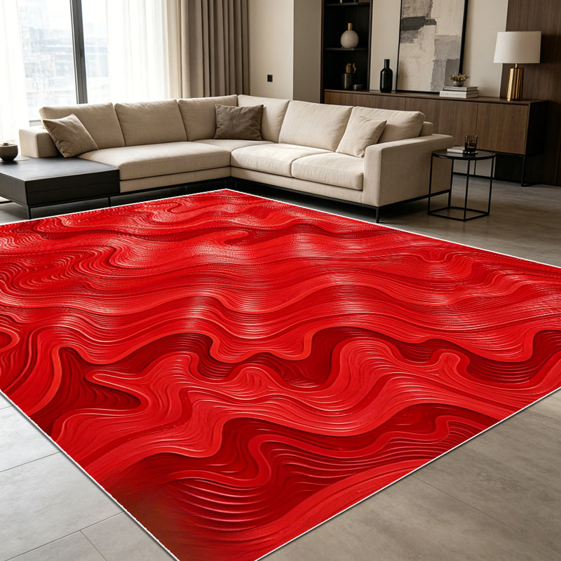 1PC bright red wavy textured abstract area rugs for Living Room, Soft and Comfortable, Suitable for all seasons, easy-to-maintain, machine washable Indoor floor mat, Under Table Farmhouse suitable for dining table, bedroom bedside, entryway, kitchen