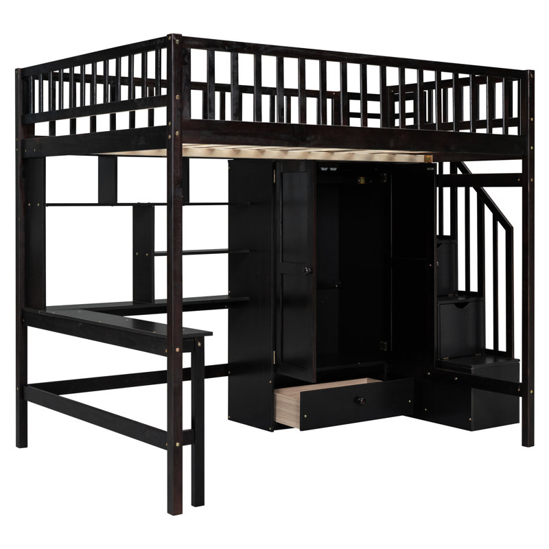 Lit mezzanine pleine grandeur Bibliothèque, tiroirs, bureau et garde-robe. Bois de pin massif robuste Look inspiré de la maisonnette. Accentuation en forme de clôture. L 94,4 po x l 57 po x H 72 po. Matelas non inclus.