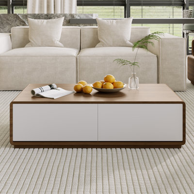51" Rectangular Wood Coffee Table With Storage, Mid-Century Modern Coffee Table With 4 Drawers, Two-Tone Design, Fully-Assembled, Walnut White