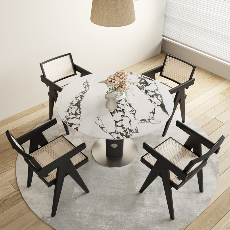 Simplistic Circular-shaped Stone Dining Table for 4 Black Dining Room Table With Mirror, 30" H x 43.3" W x 43.3" D