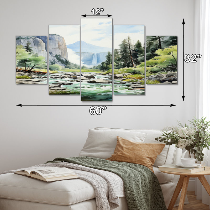 «Green Blue Mountains» Cascade Symphony - impression d'art mural paysages - 5 panneaux