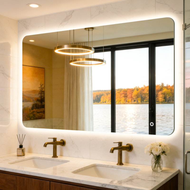 Frameless Bathroom Mirror LED Lighted Dimmable Mirror with Color Adjustable and Memory Function , 48" x 30"