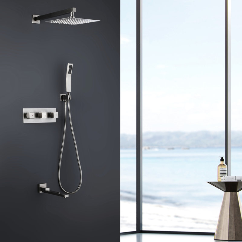 Douche à pluie en nickel brossé 10 po - Corps en laiton, fixation et réglage de la température et du débit d'eau 10 po x 10 po en laiton massif, alimentation en eau froide, résistance à la corrosion