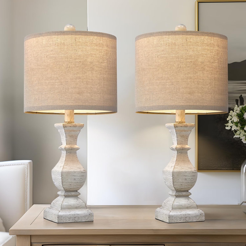 White Rustic Wood Table Lamps Set of 2