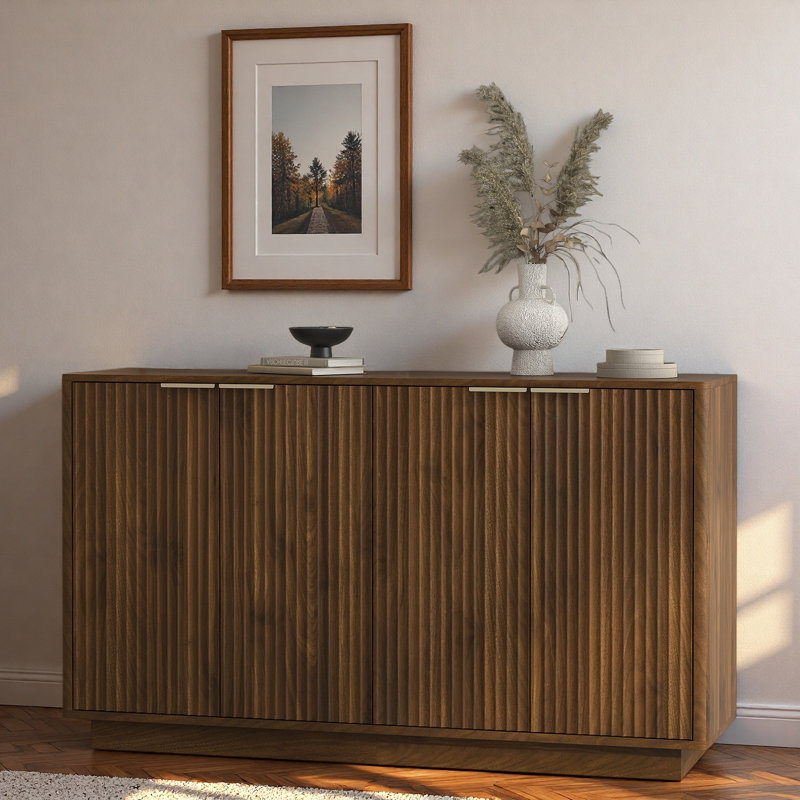 Modern Fluted Sideboard With Adjustable Shelves And Metal Handles, Walnut