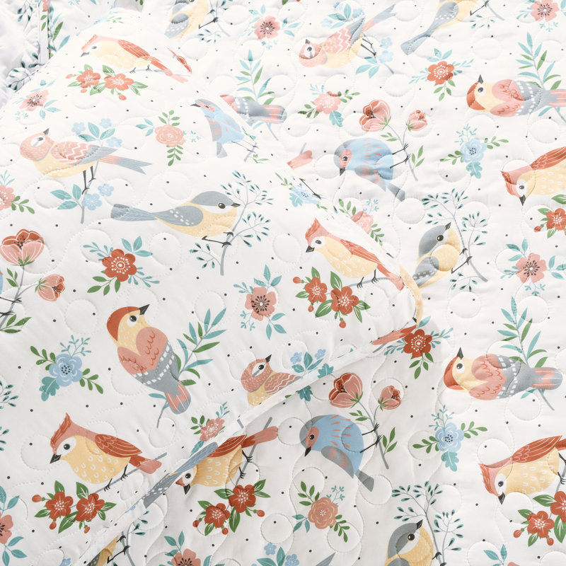 Ensemble de courtepointe réversible Chirpy Birds, Courtepointe simple + 1 taie décorative + 2 couss