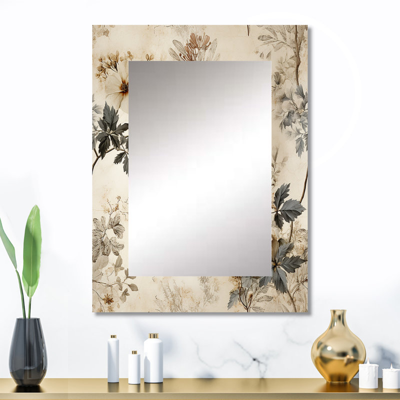 Vintage Beige Floral Countryhome Charm - Floral Decorative Wall Mirror, Floral Large Mirror, Printed Metal Art, 32" x 24"