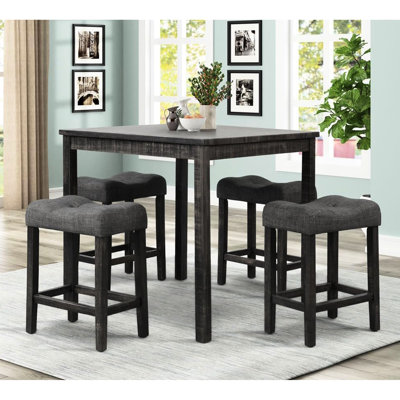 Table de comptoir carrée de style milieu du siècle, 91 cm, tabourets de 4 hauteurs différentes, plateau en bois d'ingénierie anthracite, assise en tissu lin mélangé, convient aux adultes, style moderne, bois dur.