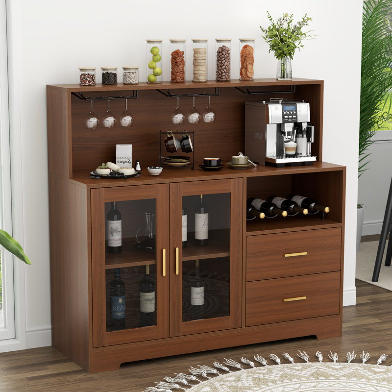 Heugel Wine Bar Cabinet with LED Light, Home Coffee Cabinet with Wine and Glass Rack, Brown
