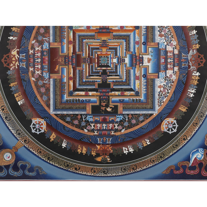 «Kalachakra Mandala Thangka» peint à la main - art mural carré «roue du temps» tibétain de 24 po avec or 24 carats et bordure d'océan profond