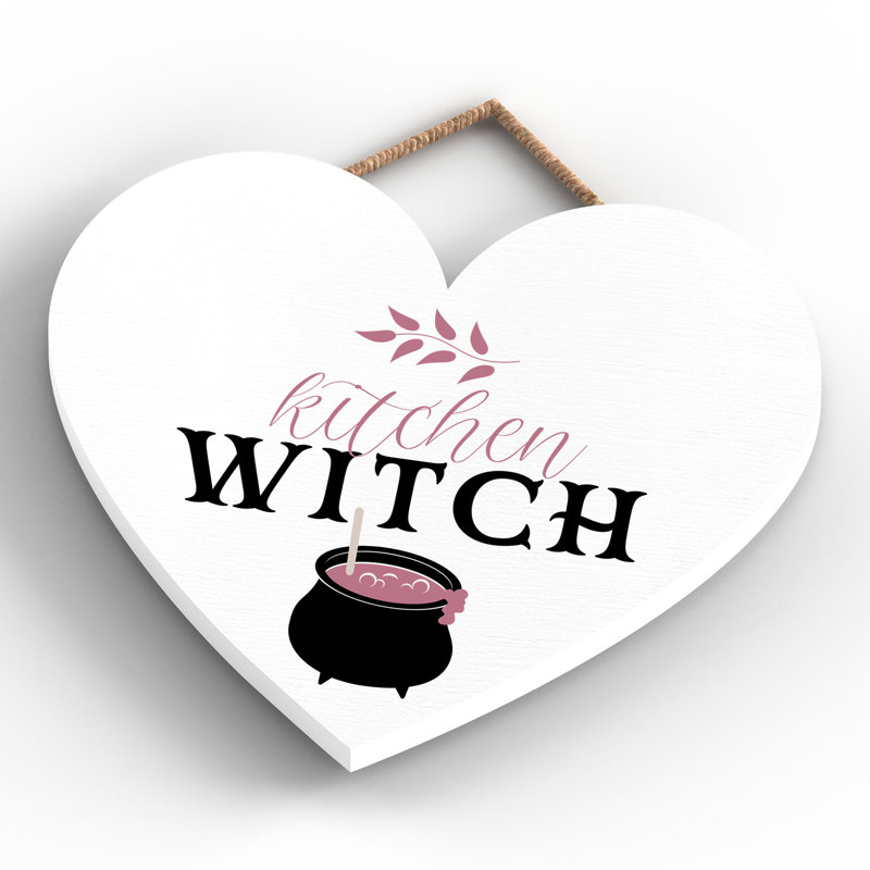 Kitchen Witch Wooden Heart Plaque, 16cm H x 17cm W x 0.9cm D, White