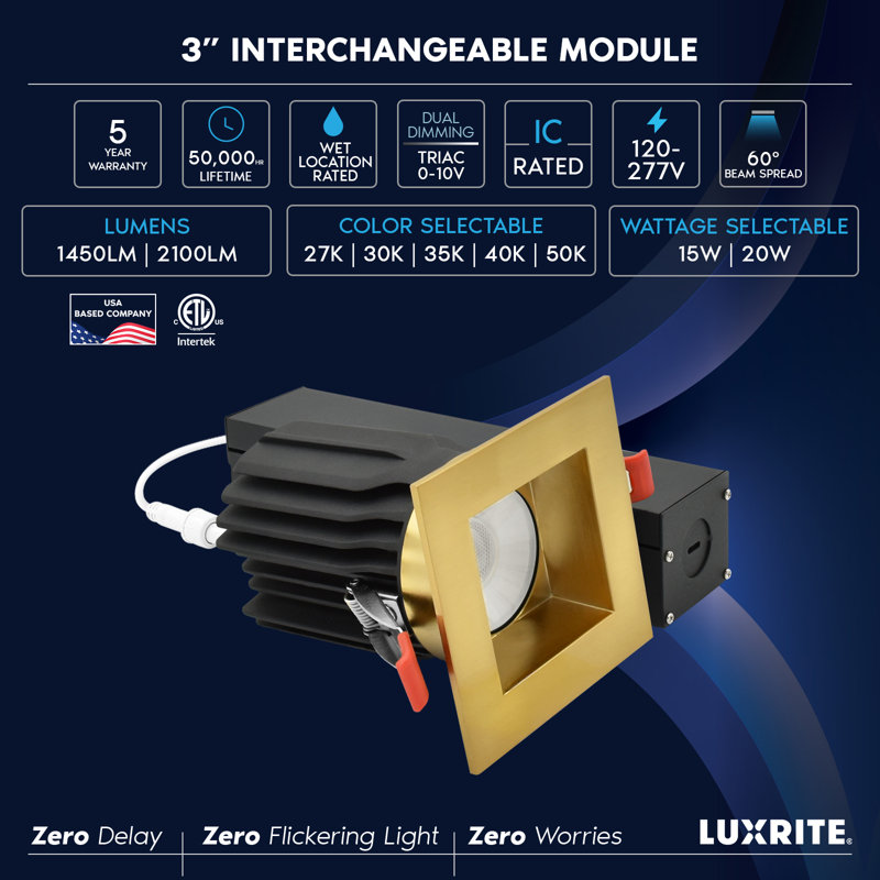 Luxrite 3 po Éclairage encastré à DEL sans cadre avec garniture carrée en laiton interchangeable, 5CCT, CRI90, 15 / 20W, 1450 / 2100LM, à intensité variable, faisceau de 60 °, calibre humide